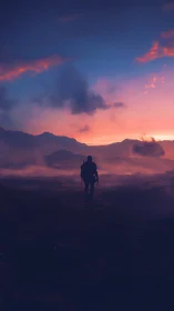 Lone armed figure walks across misty valley at dusk