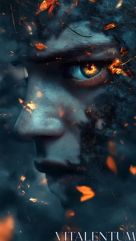 Intense blue eye glows with inner fire in a smoky void