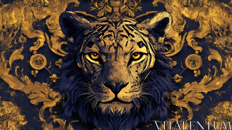 Golden tiger portrait emerges from ornate baroque patterns.