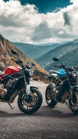 Twin mountain streetfighters pause on a sky-brushed pass.