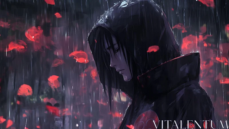 Hooded anime figure in rain with drifting red petals.