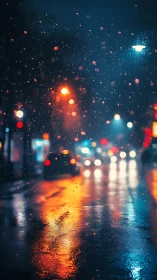 Rain-soaked city street renders cinematic bokeh light trails