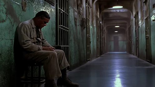 Man sits alone in dim, worn prison corridor with cell bars