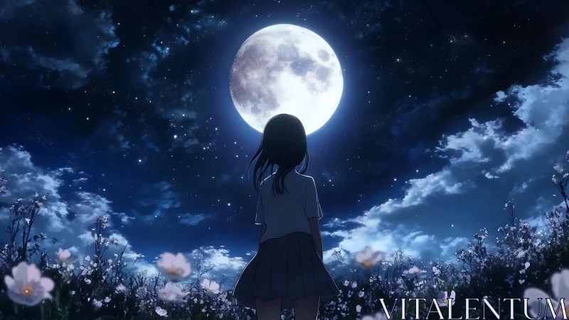 Girl under luminous full moon in starry flower field.