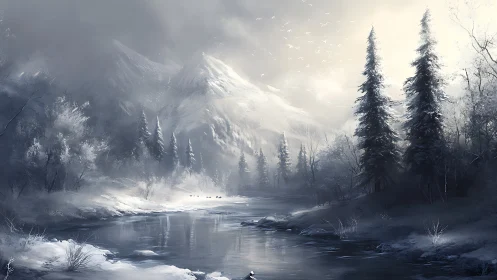 Snow-laden alpine river under diffuse winter backlight