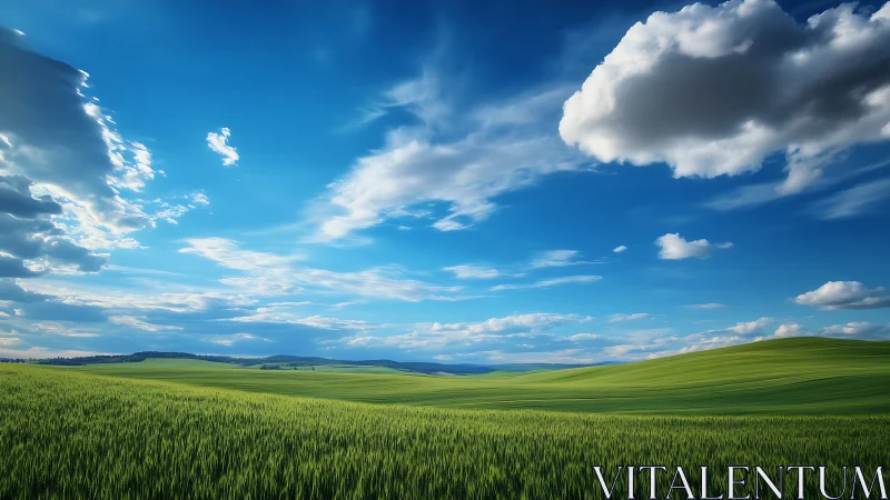 Vast green hills under deep blue sky with rolling clouds.