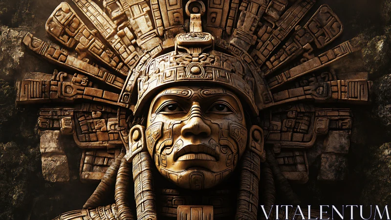 Rendered stone relief depicts stylized pre-Columbian face