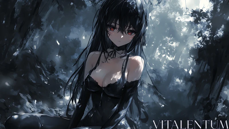 Quiet gothic girl resting in a moonlit, misty forest.