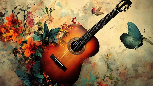 Guitar rests amid blossoms and butterflies in gentle harmony
