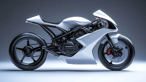 Futuristic white sport motorcycle gleams in studio light