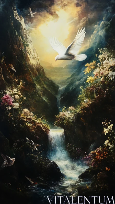 Dove ascends through luminous canyon over enchanted cascade.