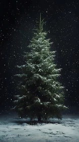 Snow-covered fir tree stands isolated against dark night sky