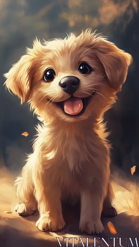 Golden puppy portrait under warm, cinematic backlight.