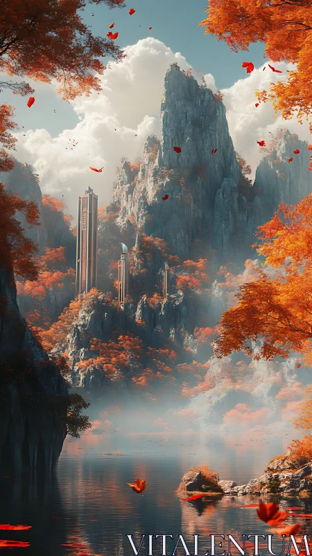 Autumnal mountain spires rise above a misty reflective lake