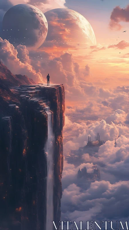 Stargazer on a cloud cliff between twin rising worlds.