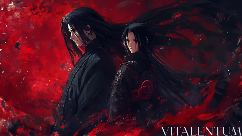 Anime dual portrait against abstract crimson vortex field.