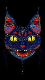 Neon fractal feline mask in symmetrical digital painting construction.