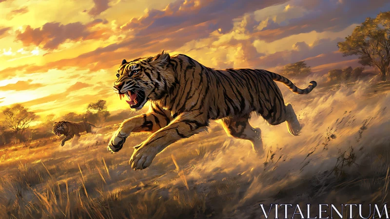 Striped Hunter Charging Through Golden Savanna Dust.