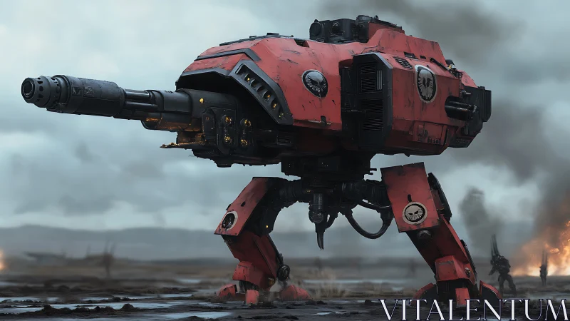 Red three-legged combat mech stands in muddy war zone.