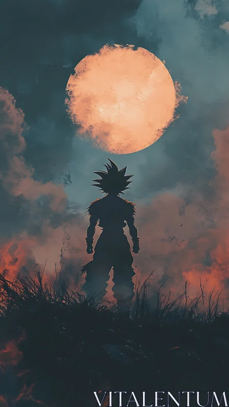 Silhouetted warrior stands below blazing lunar disc sky