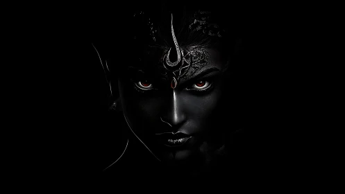 Dark goddess portrait with glowing red eyes and crown.