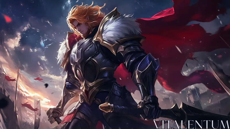 Golden-haired knight beneath stormy victory skies.