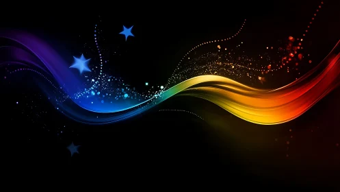 Curved multicolor light bands intersect over dark background