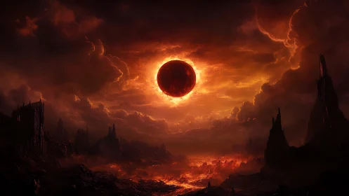 Apocalyptic lava landscape under a burning eclipse renders cosmic dread
