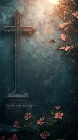 Weathered stone cross with gentle flowers and soft light.