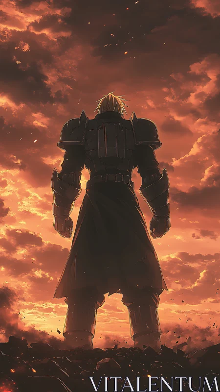 Armored warrior stands against burning sunset sky alone
