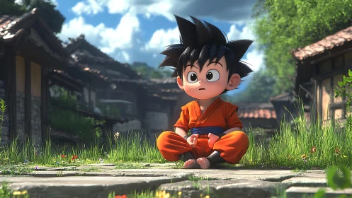 Chibi martial artist sits calmly in a serene village path.