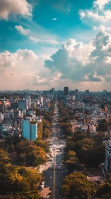 Sunlit urban boulevard under dramatic cloud-filled sky.