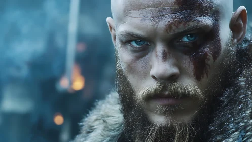 Battle-scarred Nordic warrior portrait with intense ocular focus.