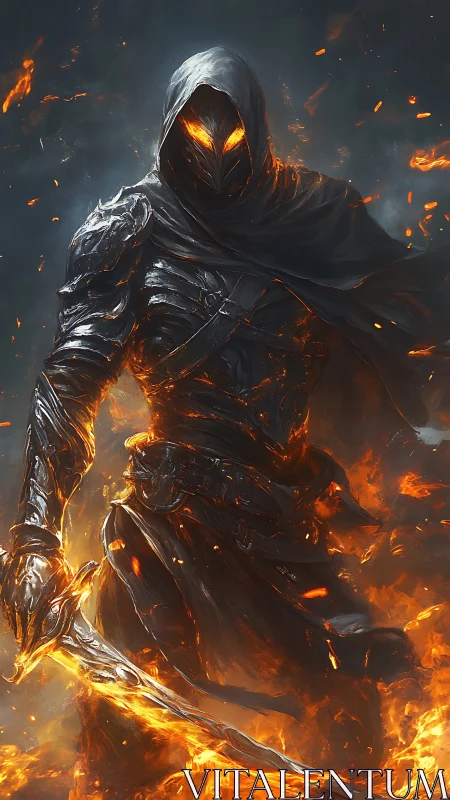 Hooded fiery warrior stands in molten armor amid flames