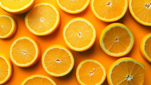 Orange halves are arranged in a uniform grid composition
