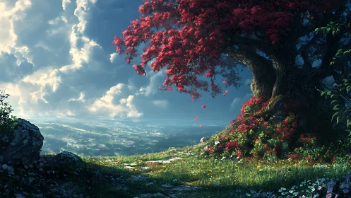 Vast cloud valley landscape framed by luminous red-blossom tree edge