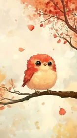 Round autumn bird illustration with soft brushwork and warm palette