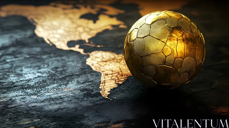 Golden textured soccer ball on dark world map surface.
