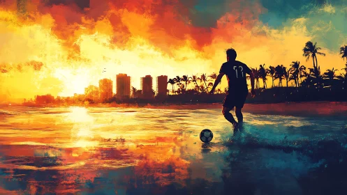 Sunset city beach soccer in glowing tropical color dream.