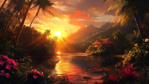 Tropical river valley sunset illuminates hut and palm trees