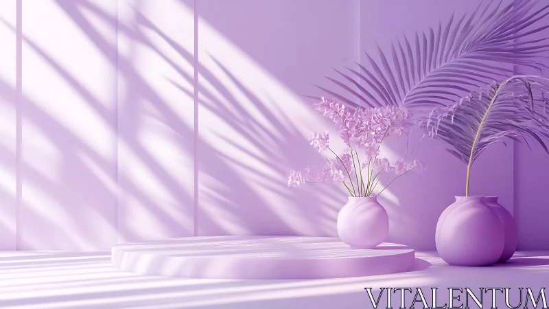Monochrome lilac interior with plants on circular platform.