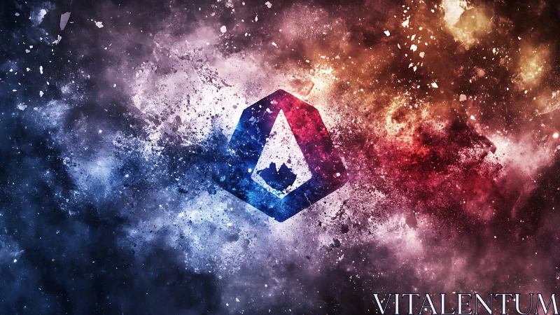 Cosmic hexagon logo amid exploding nebula clouds.