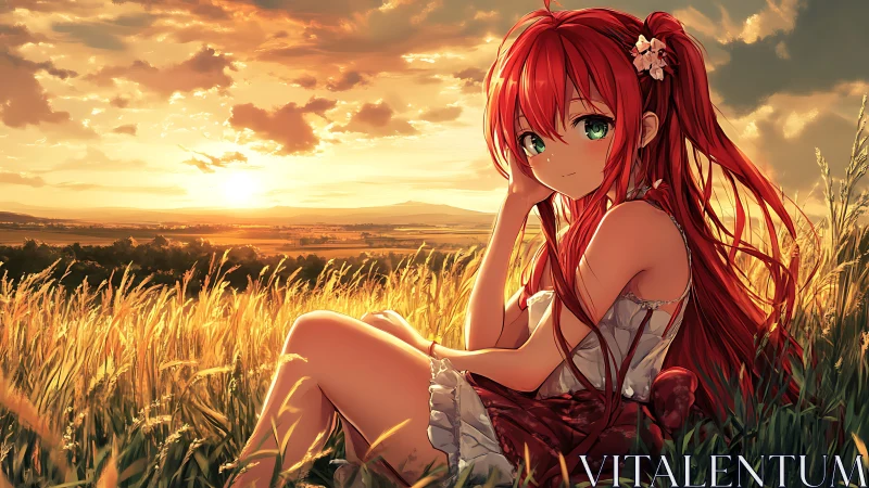 Red-haired girl rests in sunlit wheat field at sunset