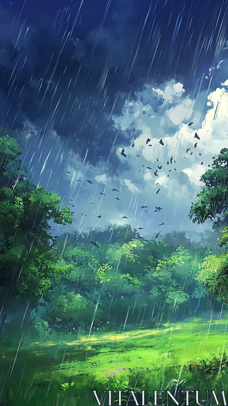 Rainstorm sweeps across sunlit forest clearing in motion.