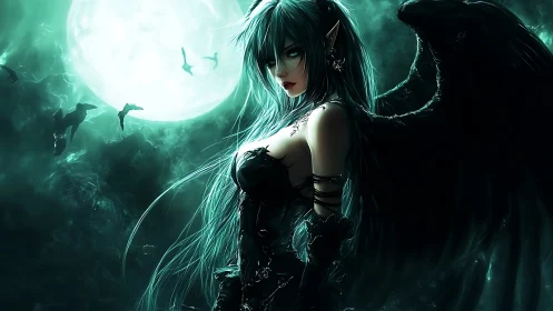 Nocturnal winged enchantress under luminous full moon.