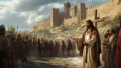 Procession before ancient fortress walls with robed leader.