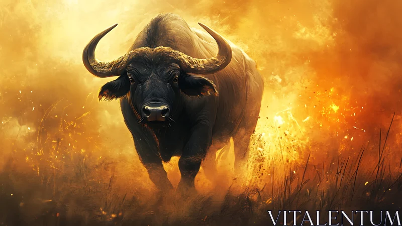 High-contrast buffalo charge rendered through volumetric fire haze