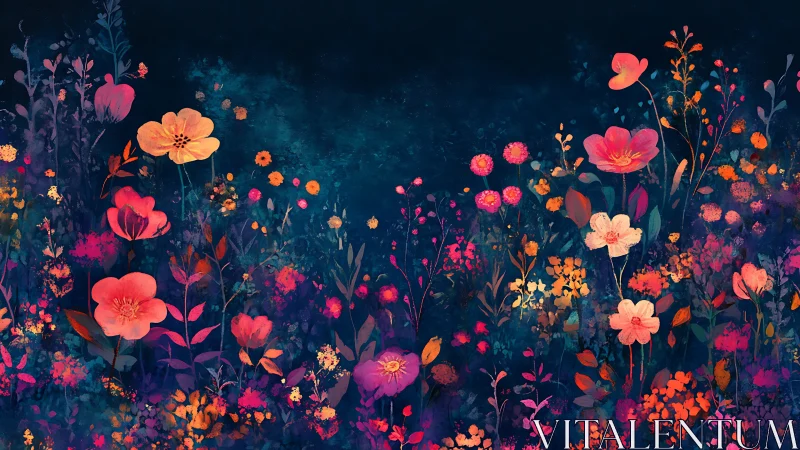 Luminous Wildflower Garden Against Deep Teal Night.