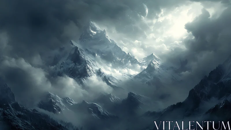 Snow-covered mountain range under dense storm clouds.