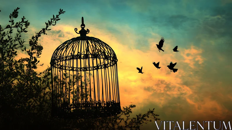 Empty birdcage silhouette with flying birds at sunset sky